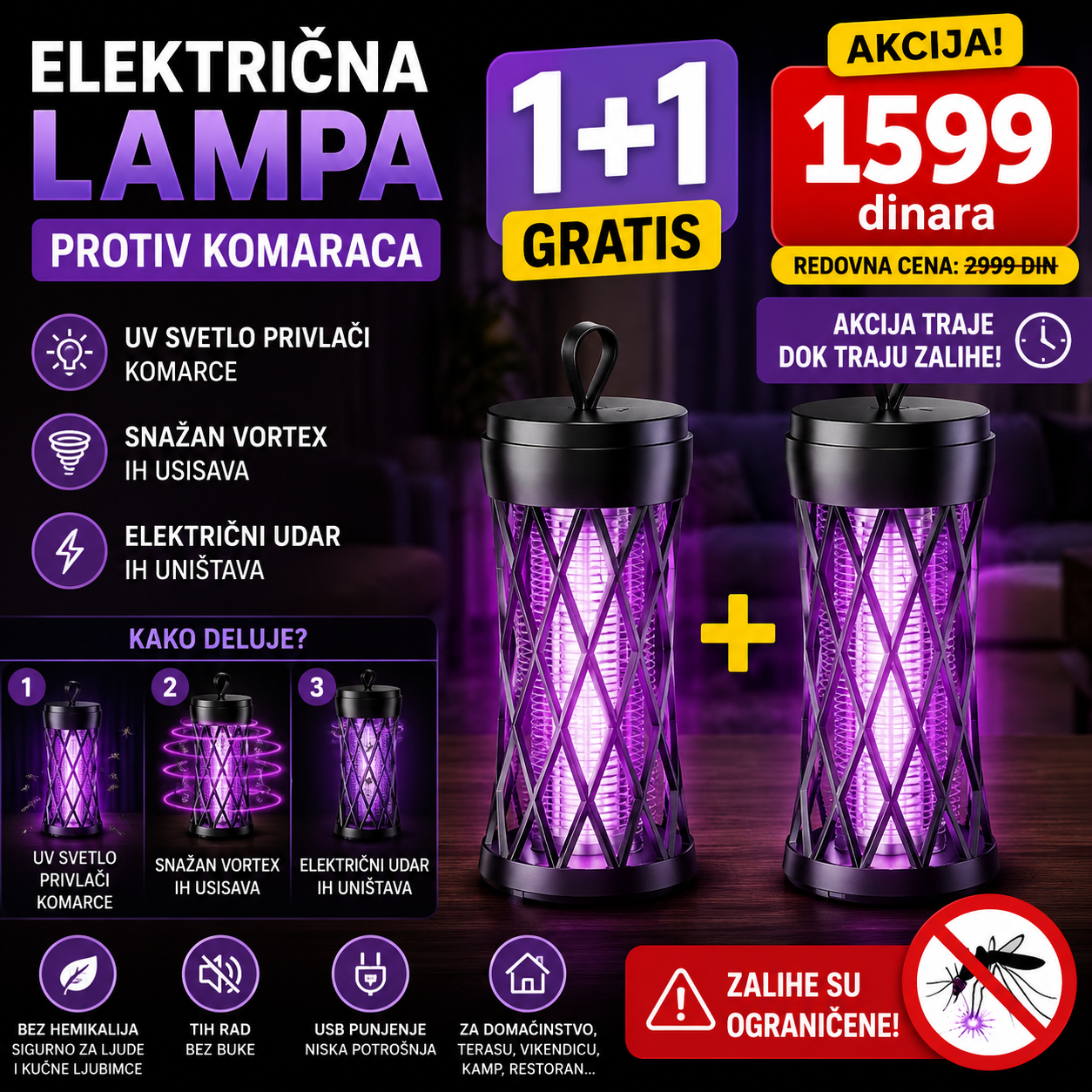 Elektricna lampa protiv komaraca 1+1 GRATIS